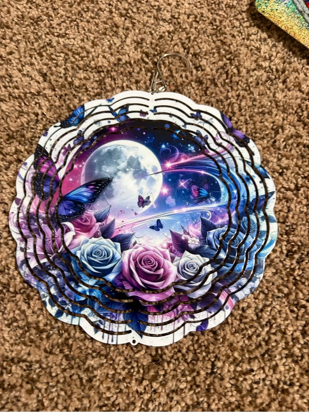 Hand Crafted Purple and Blue Moonlit Butterfly Garden 8” Wind Spinner